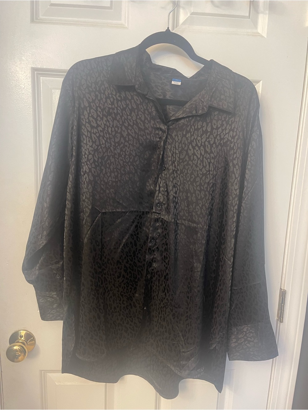 Black Leopard-Print Satin Button-Up Shirt